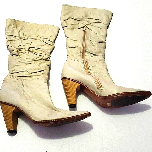 Studio F Boho Chic Cream Leather Ruched Heeled Boots Made in Colombia 8 - Picture 1 of 13